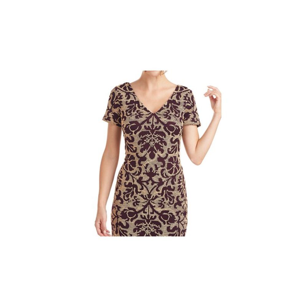 JS COLLECTION Womens Maroon Mesh Fitted Lined Short Sleeve Sheath Dress 2